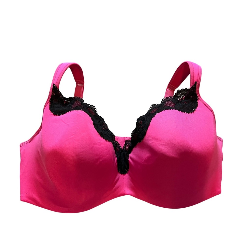 Cacique Hot Pink Black Lace Trim Full Coverage Underwire Bra 42F RN118641